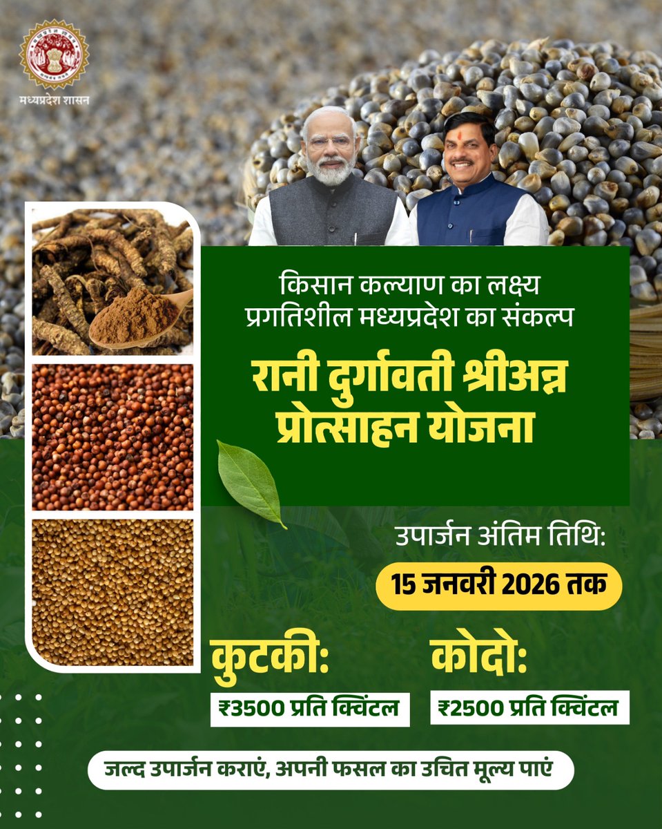 minmpkrishi's tweet image. किसान कल्याण का संकल्प
---
रानी दुर्गावती श्रीअन्न प्रोत्साहन योजना

✅उपार्जन की अंतिम तिथि: 𝟏𝟓 जनवरी 𝟐𝟎𝟐𝟔

✅ कुटकी: ₹𝟑𝟓𝟎𝟎 प्रति क्विंटल
✅ कोदो: ₹𝟐𝟓𝟎𝟎 प्रति क्विंटल

👉 जल्द उपार्जन कराएं, अपनी फसल का पूरा मूल्य पाएं।

@DrMohanYadav51 
#MPAgriculture #Millets