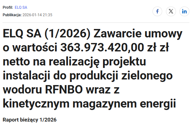 _Ecrumena_'s tweet photo. ⚡️#ELQ ma kontrakt na realizację instalacji wodorowej

Spółka poinformowała, że 14.01.2026 wpłynęła podpisana umowa z PROMET-PLAST s.c. na realizację inwestycji:
„Budowa instalacji do produkcji wodoru RFNBO wraz z jednostkami wytwórczymi i magazynującymi OZE w Gaju Oławskim”. ELQ będzie pełnił rolę generalnego wykonawcy. Wartość kontraktu to 363 973 420 zł netto

Formuła „zaprojektuj, dostarcz, wybuduj, uruchom i przekaż do użytkowania” (pod klucz), a w zakresie m in.:
🔹hala magazynowa + PV na dachu,
🔹instalacja do produkcji wodoru w oparciu o elektrolizery PEM (dostawa, montaż, uruchomienie),
🔹hybrydowa instalacja OZE (wytwarzanie + magazynowanie),
🔹grawitacyjny (kinetyczny) magazyn energii + pełna infrastruktura.

 Spółka podkreśla, że to pierwsza inwestycja tego typu w Europie.

📆Data zakończenia: do 30 września 2027 (roboty + dokumenty do wniosku o pozwolenie na użytkowanie).