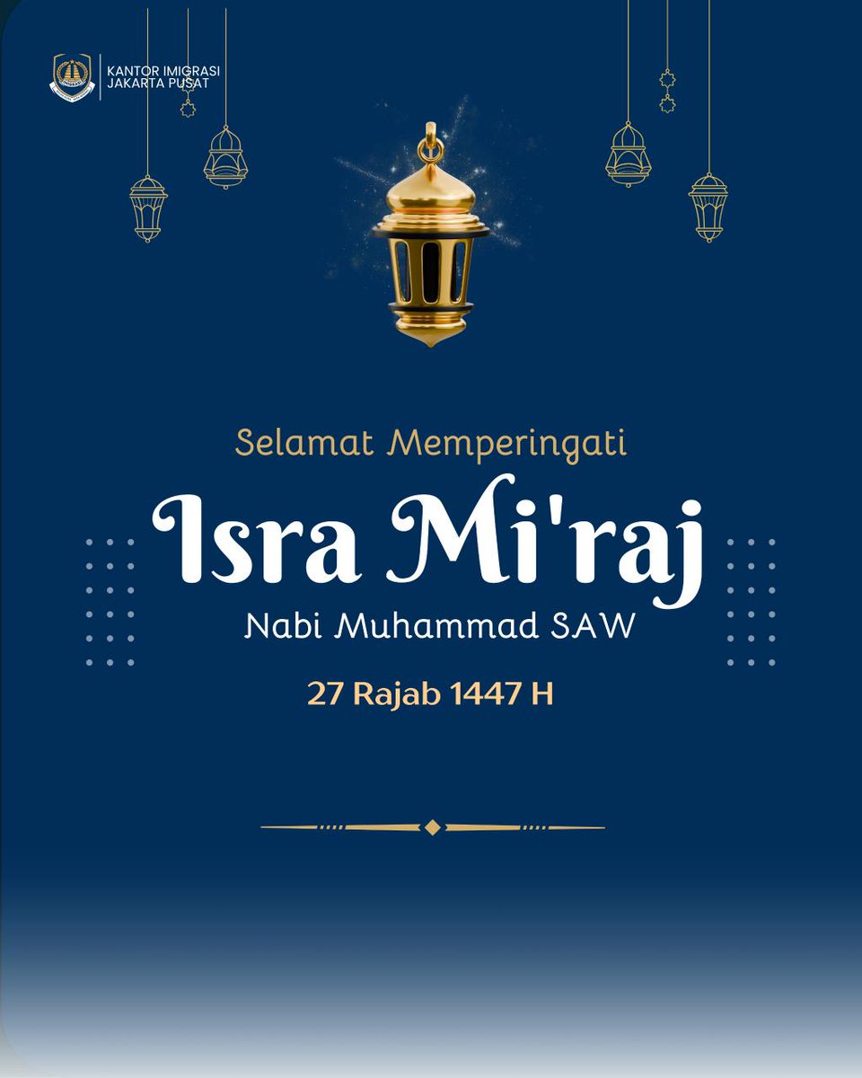 Segenap keluarga besar Kantor Imigrasi Kelas I Non TPI Jakarta Pusat mengucapkan Selamat Memperingati Isra Mi'raj Nabi Muhammad SAW 1447 H. Semoga Peringatan ini menjadi momentum untuk memperkuat iman dan menerapkan nilai-nilai kebaikan dalam setiap langkah kehidupan.