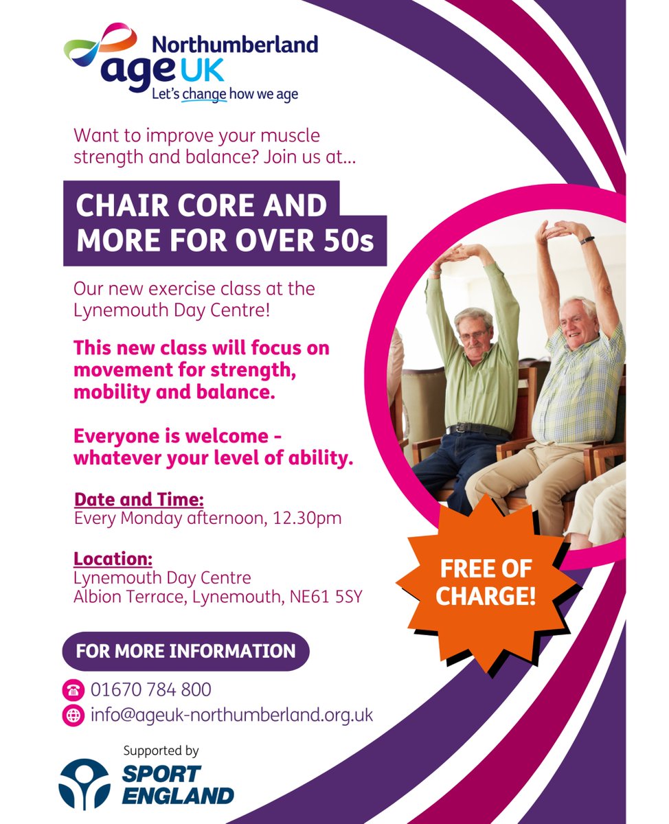 AgeUKNorthumber's tweet photo. Come and join us every Monday at our new Chair Core and More exercise class at the #Lynemouth Day Centre in #Northumberland, supported by @Sport_England. 🏃🏋️‍♀️

The class is free of charge and is a great way to improve your muscle strength and balance. 

#ExerciseClass #ChairCore https://t.co/IawG5OCCQ2