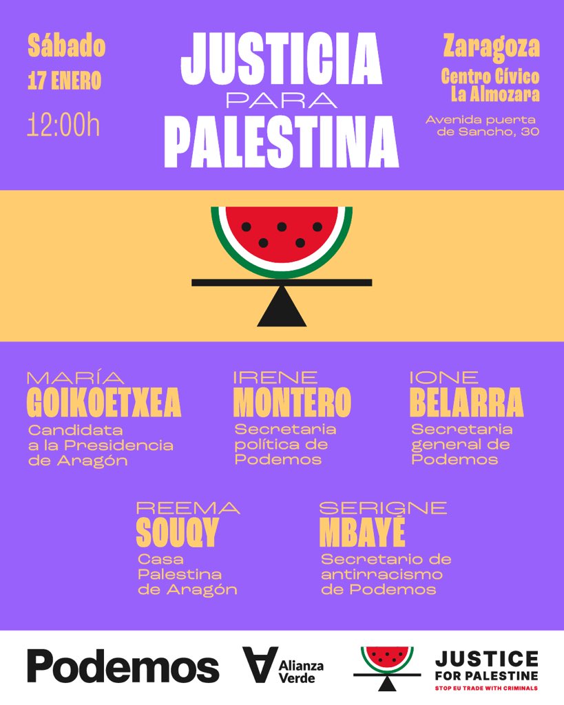 IreneMontero's tweet image. Vamos a recoger un millón de firmas para exigir la ruptura de los acuerdos comerciales de Europa con Israel.

Este sábado a las 12:00 estaremos en el Centro Cívico de la Almozara en Zaragoza contra el genocidio y por Palestina libre. 

¡Vente y firma!