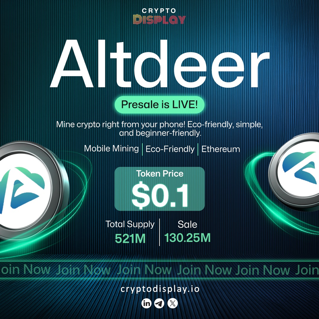 Altdeer $ALT Presale is LIVE 🚀 Mine crypto directly from your phone, eco- friendly, simple, and perfect for beginners. 🔸Price: $0.1 🔸Supply: 521M  🔸Presale: 25% 👉Join early:- https://t.co/PnwngPOKQJ #ALT #CryptoPresale # Ethereum #PresaleAlert ...