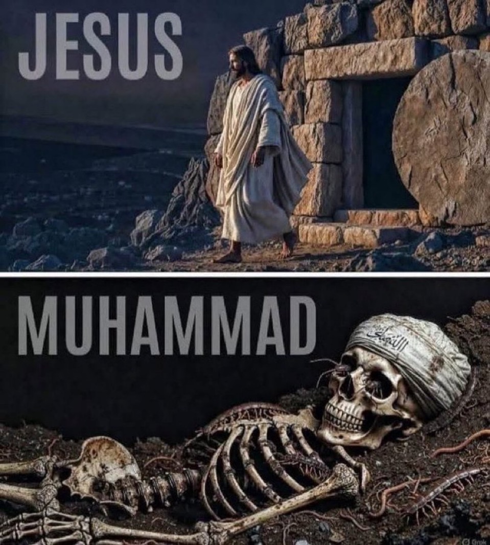 Jesus rose from the grave.

Mohammed is still in the grave.