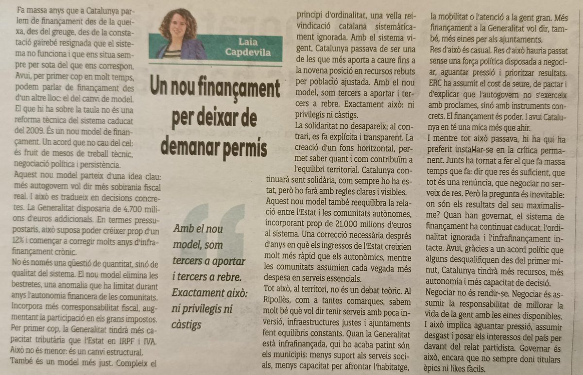 “Amb el nou model som tercers a aportar i tercers en rebre. Exactament això: ni privilegis ni càstigs"

Avui em publiquen això a <a href="/CorisaMediaGrup/">Corisa</a>  sobre l'acord de finançament👇🏻