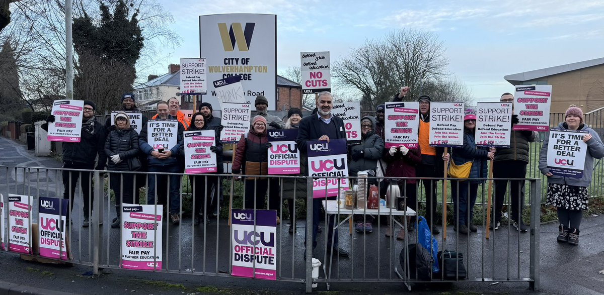 UcuCollege's tweet photo. Day 2 of strike action at City of W’ton College, Wellington Road campus. Staff are on the picket line because FE workers in England are still denied parity of pay &amp;  conditions with school staff an outlier across the UK. New buildings don’t teach students. Staff do. #FEStrike https://t.co/0HmPIChKHX