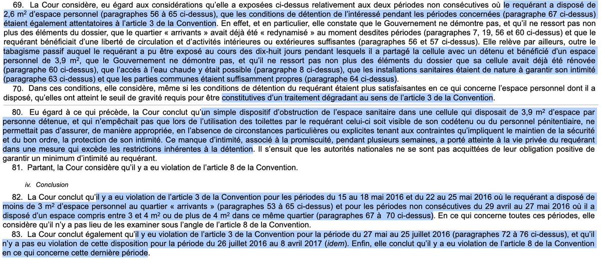 Indignité en prison : Une fois de plus, la France est condamnée par la CEDH pour traitements inhumains sur un détenu &amp; atteinte à sa vie privée.

En cause :
- Surpopulation carcérale (jusqu'à 2,6 m2 d'espace personnel)
- Tabagisme passif
- Cellule dégradée
- Intimité non garantie