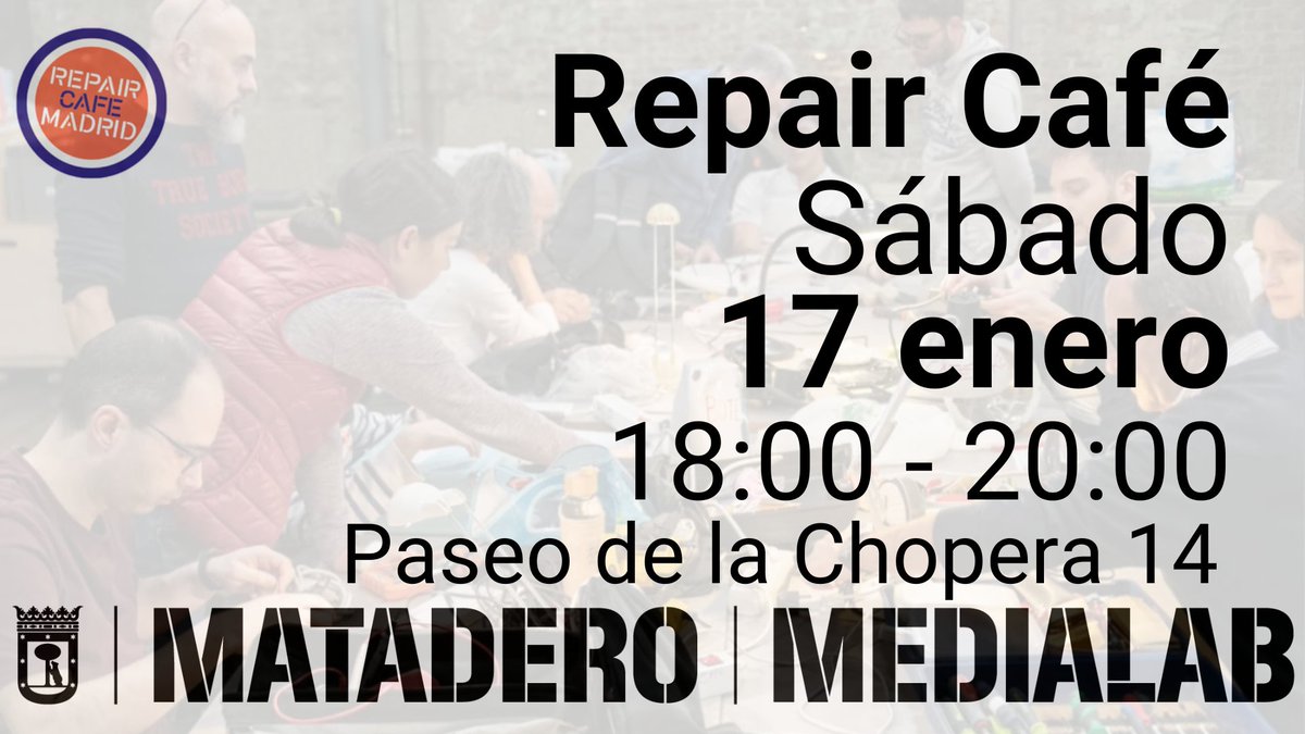 Este sábado día 17 tienes un encuentro colaborativo en <a href="/medialabMM/">Medialab Matadero</a> para reparar pequeños objetos cotidianos y aprender a mirarlos de una manera más sostenible.
Te esperamos a las 18:00 en la Sala #Terrario de <a href="/mataderomadrid/">mataderomadrid</a>
facebook.com/events/7434479…
#RepairCafé #Medialab