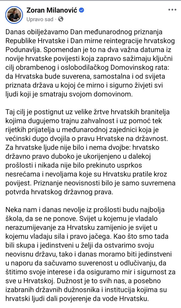 Ured_PRH's tweet photo. Izjava Predsjednika Milanovića u povodu Dana međunarodnog priznanja Republike Hrvatske i Dana mirne reintegracije. https://t.co/K4ZgnNaE41