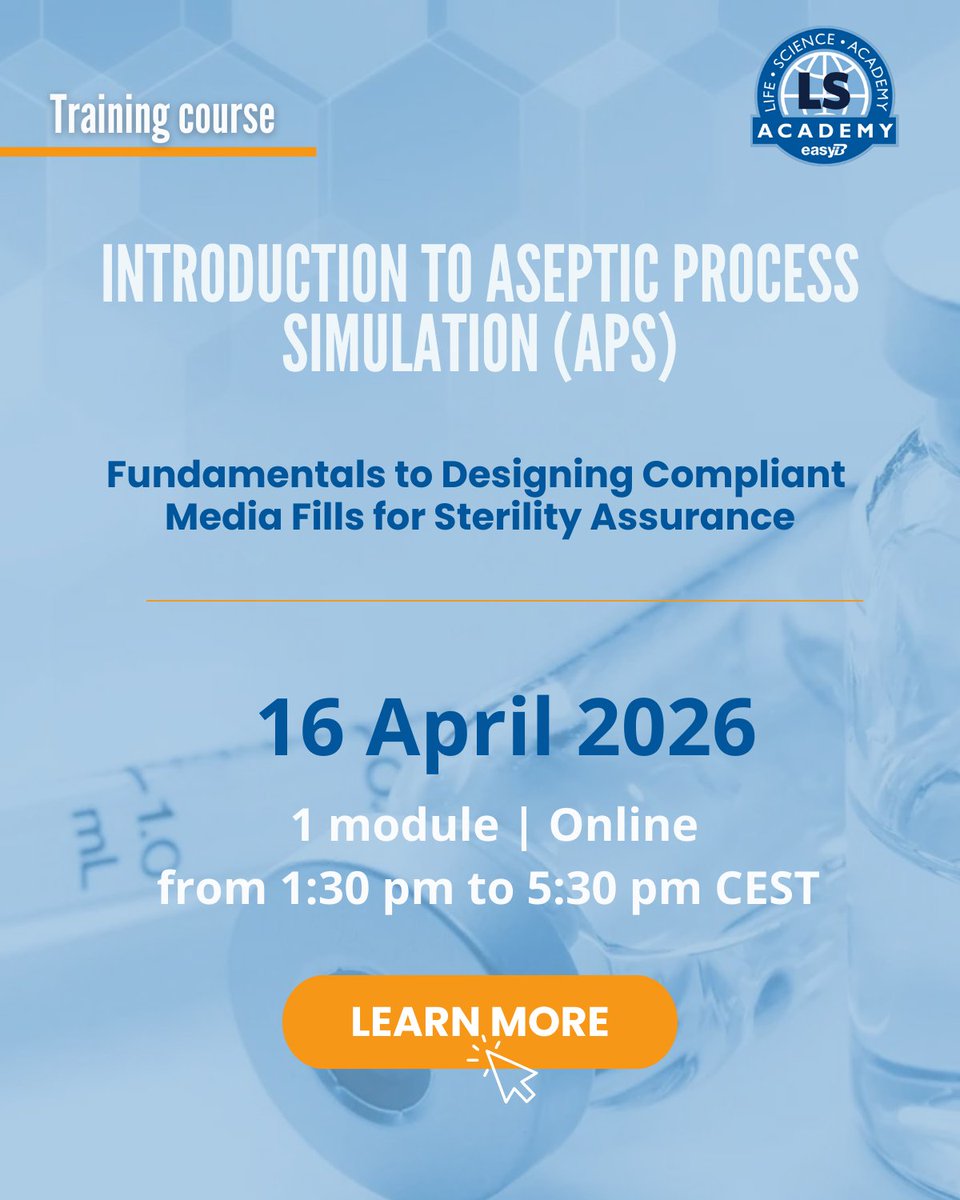 LSAcademy_EasyB's tweet image. 🎓 to Aseptic Process Simulation (APS)

🗓 16 April 2026
💻 Online Training
👨‍🏫 Siebe Tonnaer

Discover more 👉 lsacademy.com/en/product/int…

#Lifesciences #LSAcademy #GMP #training