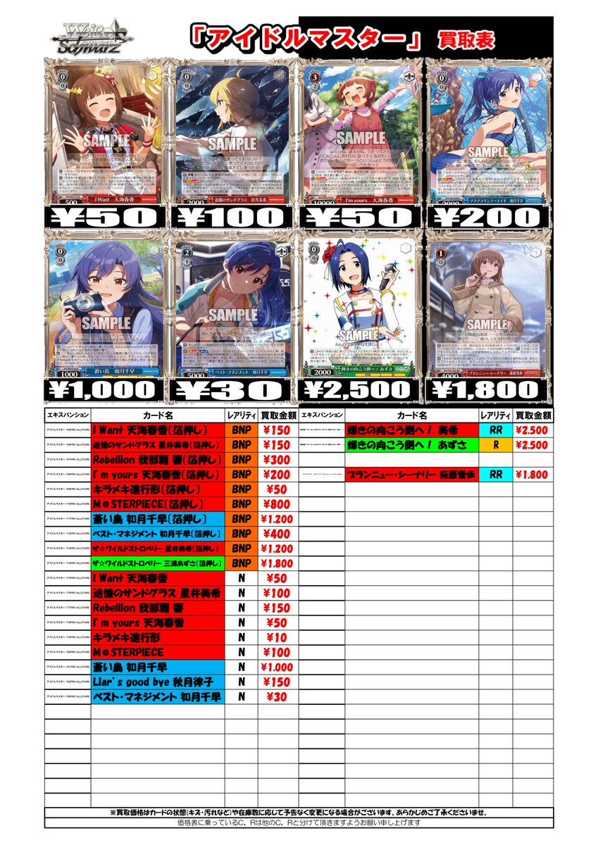 ヴァイスシュヴァルツ 買取情報」 「アイドルマスター」の買取表になり