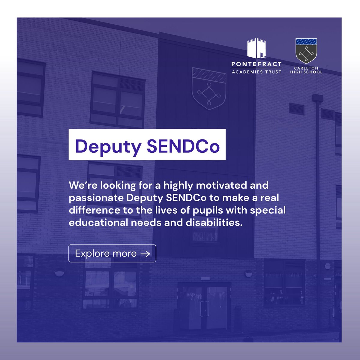 PontefractAT's tweet photo. Are you passionate about inclusive education and committed to unlocking the potential of every learner? 💫

@PATCarletonHigh are looking for a highly motivated Deputy SENDCo to join their dedicated team. 

Find out more: https://t.co/gfzzcyd1XI https://t.co/LVq6y9VhjW