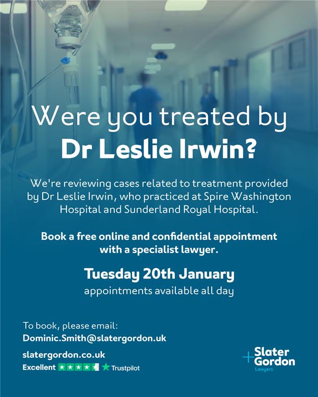 SlaterGordonUK's tweet photo. Spire Washington Hospital has launched a patient recall linked to orthopaedic surgeon Leslie Irwin. 
Our specialist lawyers are offering a free, online, confidential legal clinic to support those affected. 

🖱️ Find out more on our website here: https://t.co/6Sha6jyrso https://t.co/Z89aqUUZwq