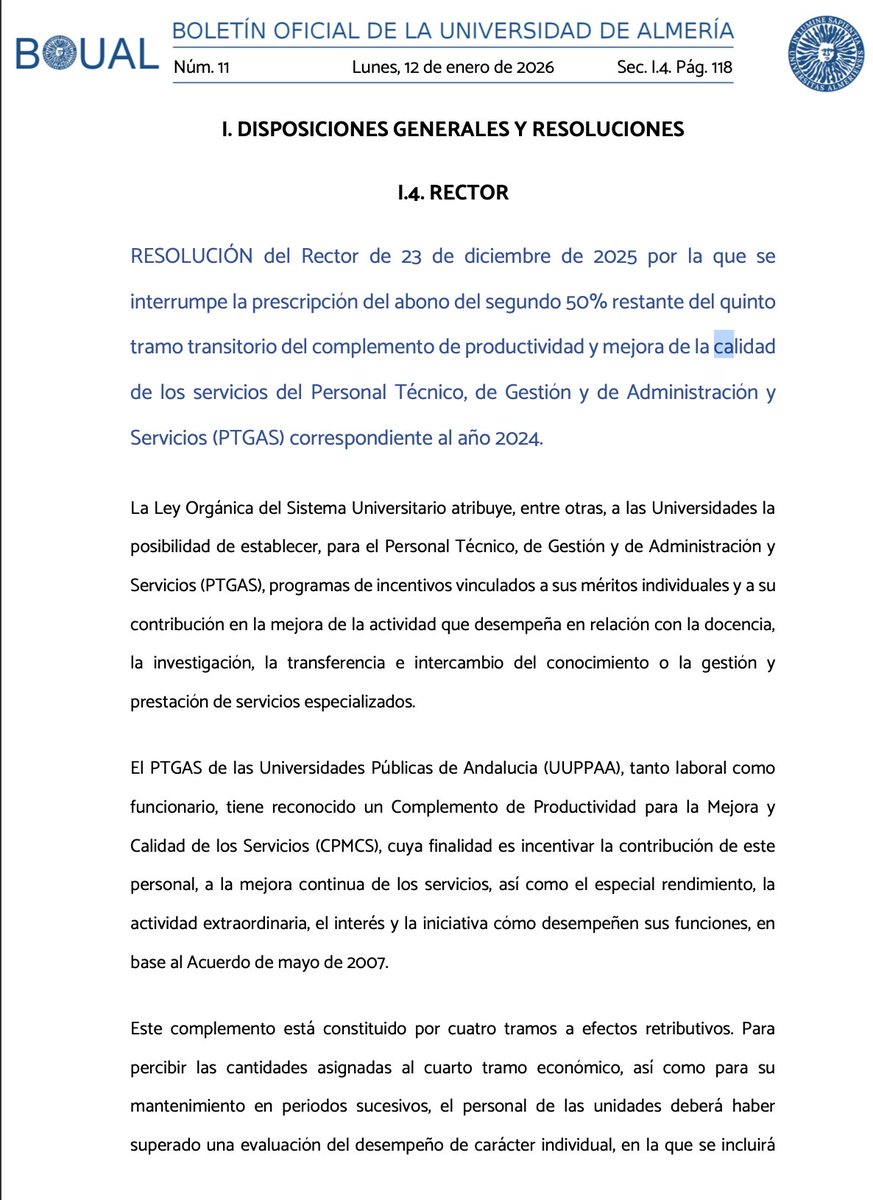 🚨 La Universidad de Almería reconoce que debe dinero a su personal, pero que no puede pagarlo porque la Junta del PP no ha puesto los fondos.

Es salario ya reconocido. No es un extra.

El Rector ha tenido que dictar una resolución solo para que no prescriba la deuda.

Así