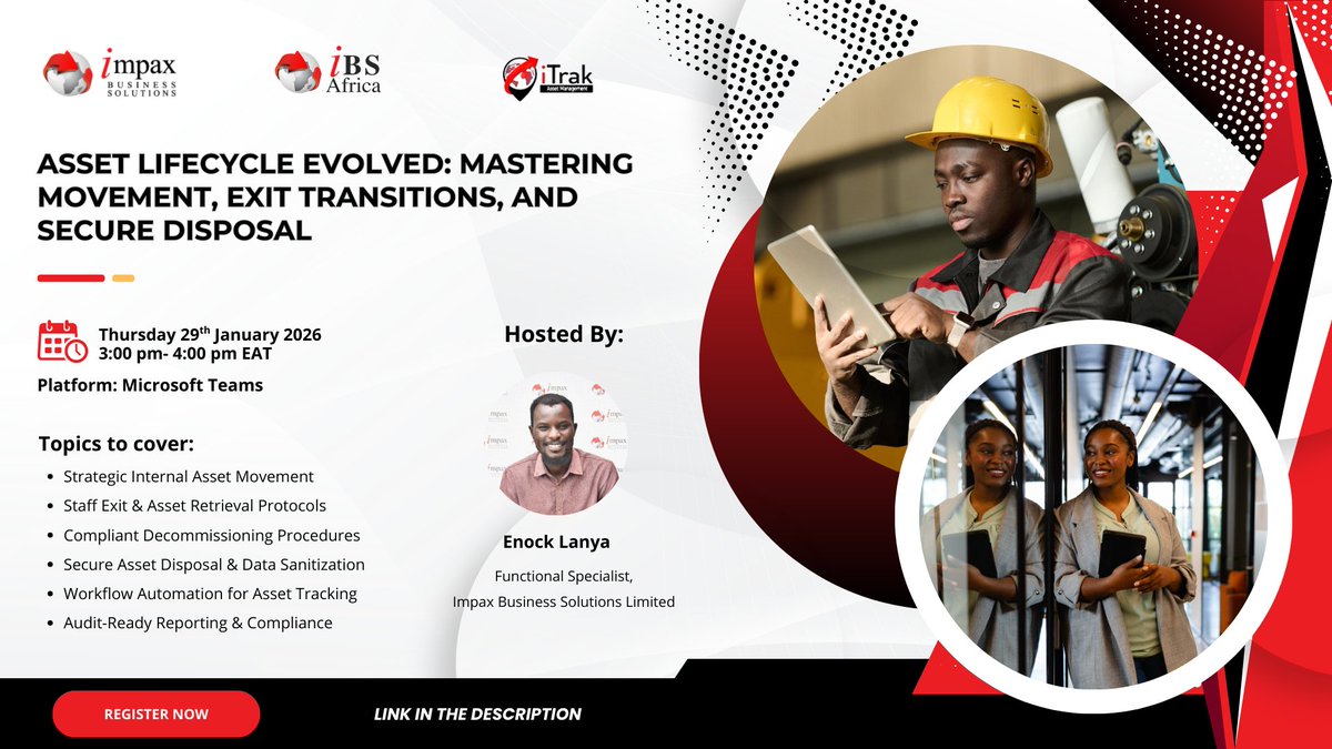 ImpaxLtd's tweet photo. Quick question: Can you account for every laptop, phone, and device your company owns right now? 💼

Join our FREE webinar on mastering the complete asset lifecycle, from internal movement to secure disposal.

📅 Jan 29 | 3-4 PM EAT 💻 Microsoft Teams 🎤 Expert: Enock Lanya

✅ Exit protocols 
✅ Data sanitization 
✅ Compliance automation

Register: https://t.co/9xYcpa3kBb

#AssetManagement #ITSecurity #DataProtection #Webinar