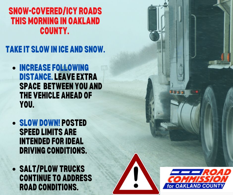 oaklandroads's tweet photo. Salt/plow trucks have been out overnight and continue to address heavier-traveled roads this morning.
Please take it slow this morning.
Give salt/plow trucks extra space to work.
Roads are snow-covered and icy.
#salttrucks #plowtrucks #DriveforConditions #DriveWithCaution https://t.co/xK8RHtgawm