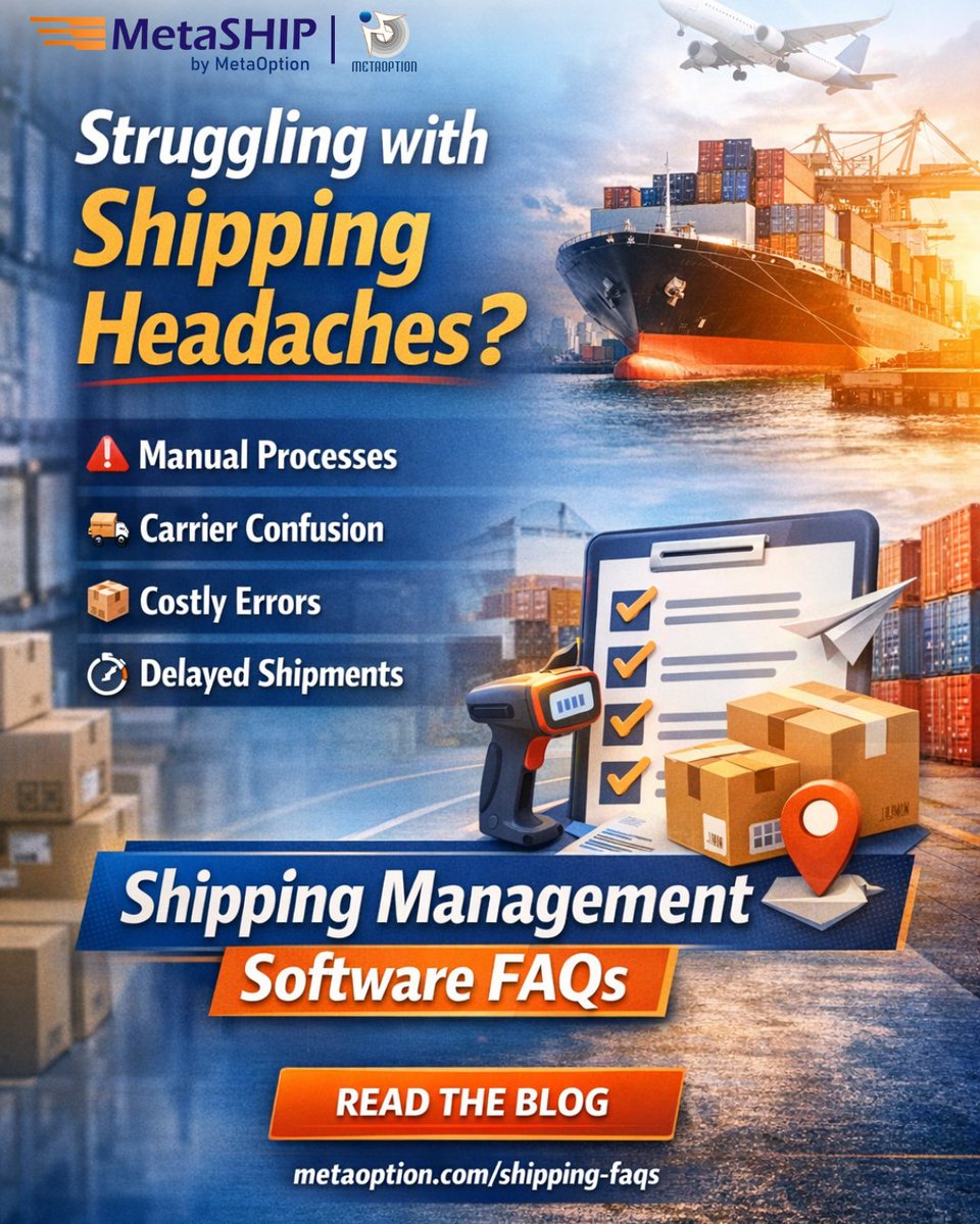 MetaOptionLLC's tweet photo. Shipping still manual?
Multiple carrier portals?
Rising errors &amp; delays?
This FAQ explains what shipping management software really does 👇
🔗 https://t.co/xlabnvLJtv

#metaship #metoption #shippingmanagementsoftware #saas https://t.co/Kj3cRchKne