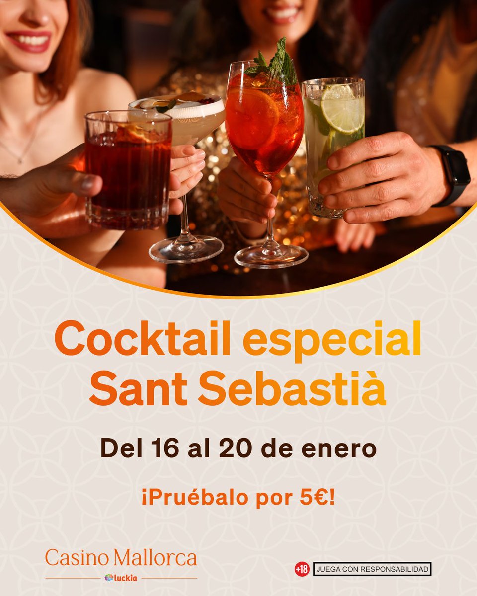 🍸✨ Brindamos por Sant Sebastià ✨🍸
Celebra la fiesta más emblemática de Palma con nuestro Cocktail Especial Sant Sebastià.

📅 Del 16 al 20 de enero
💶 Solo 5€

¡El plan perfecto para estas fiestas! 🥂🔥

#SantSebastià #CasinoMallorca