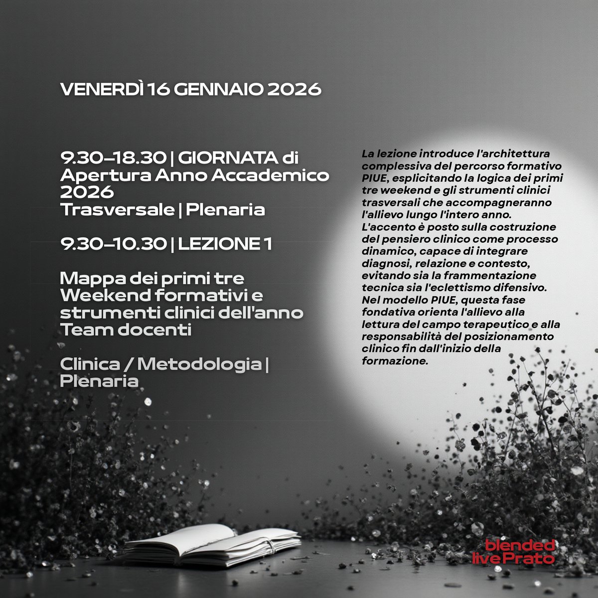 #ScuolaPsicoterapiaErichFromm oggi ore 9:30-10:30 Mappa dei primi tre weekend formativi e strumenti clinici dell’anno (Clinica / Metodologia). Team Docenti