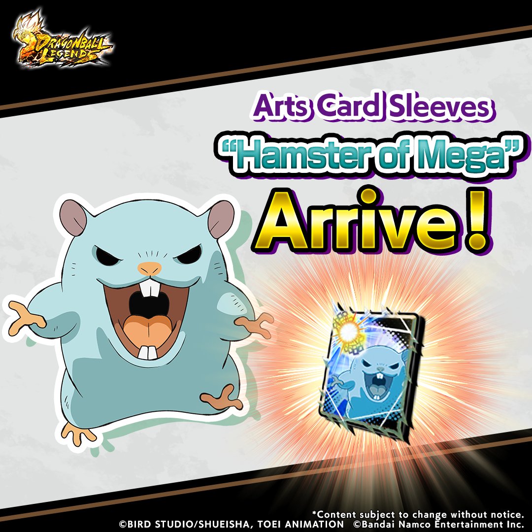 New Arts Card Sleeve Info New "Hamster of Mega" Arts Card Sleeves have  arrived! Exchange for them using the "Jam Cookies" you collect from "Dragon  Ball DAIMA FESTIVAL ADVENTURE"! #DBLegends #DragonBall