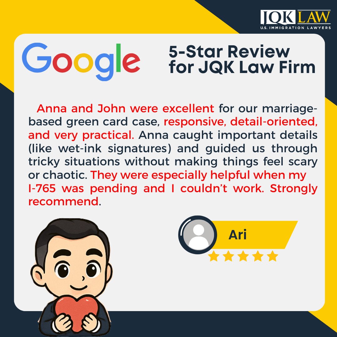 JQKLawFirm's tweet image. 💍✨Anna &amp;amp; John made our marriage-based green card process smooth and stress-free, even with my I-765 pending! Highly recommend 🙌🇺🇸 

#MarriageGreenCard #JQKLaw #VisaHelp #GreenCardApproved
