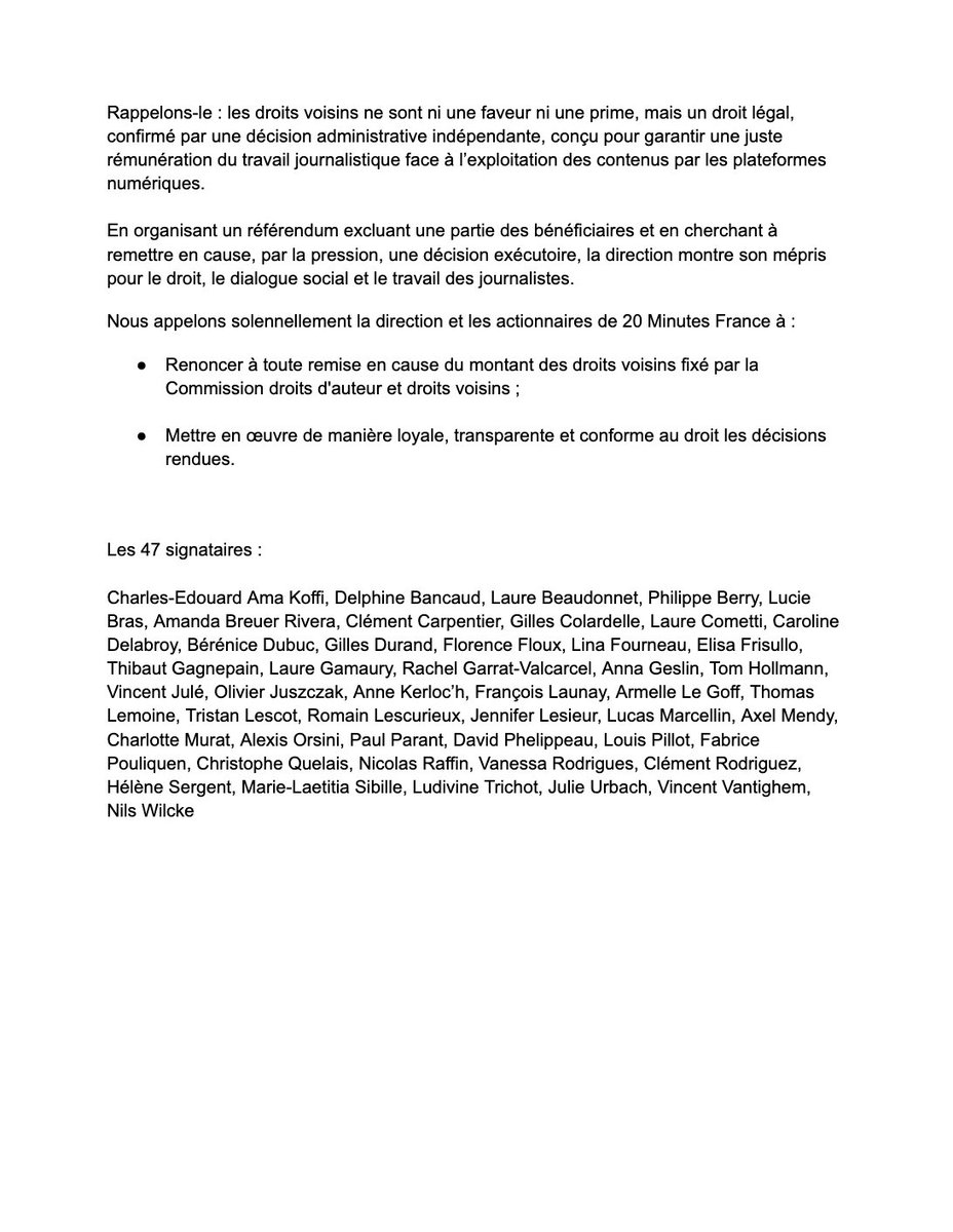 Lettre ouverte à <a href="/20Minutes/">20 Minutes</a> signée par 47 anciens journalistes.
Soutien aux deux déléguées syndicales de la <a href="/SnjCgt/">SNJ-CGT (rejoignez-nous !)</a>  et de la <a href="/CFDT/">CFDT</a> journalistes qui ont vécu des pressions inédites pour bafouer les droits des journalistes.