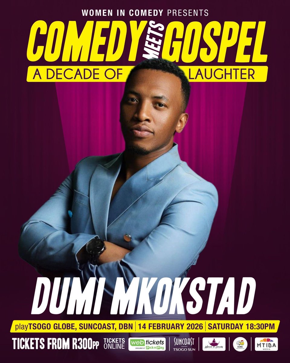 nonto_r's tweet photo. Dumi Mkokstad joins us for A Decade of Laughter. Expect humour with heart — where comedy truly meets gospel 🙌😄
Saturday, 14 February 2026
Tsogo Globe, Suncoast | Durban
Tickets from R300pp @webticketsSA 
#ComedyMeetsGospel #DumiMkokstad #ADecadeOfLaughter #LiveComedyZA #durban https://t.co/7wTACfuNid