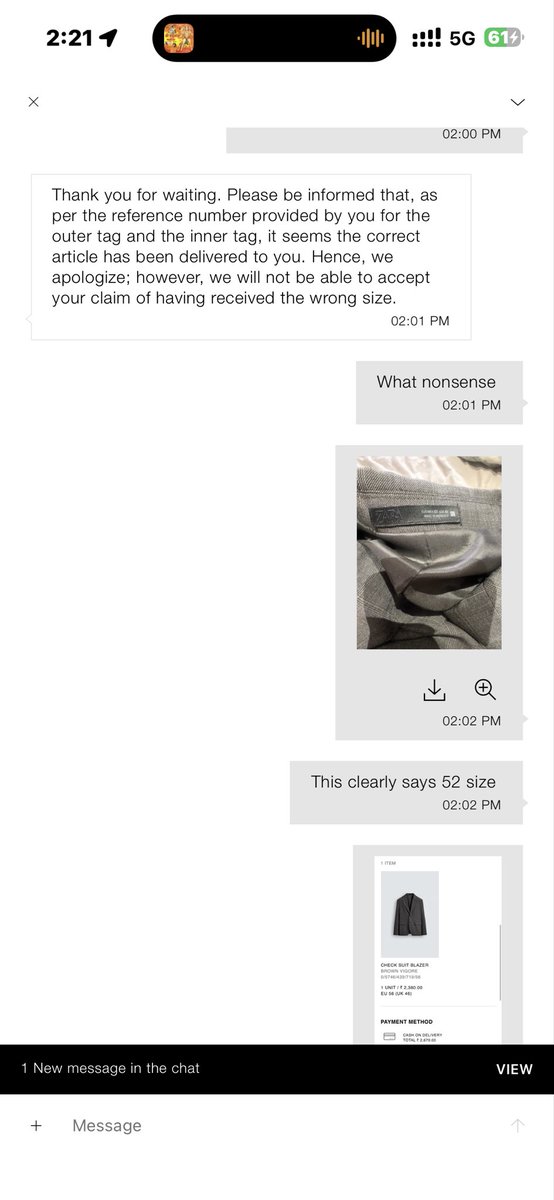 Sanjeev_Gawade's tweet photo. @ZARA_Care - #Utterly #disappointing #experience with #Zara India online. Ordered a Size56 Jacket, received Size52. the Zara agent online insisted I was wrong + his receipts prove the same. I am forced to accept a refund minus Rs100 since they don’t have Size56. #unprofessional https://t.co/EhDiWPB1zI
