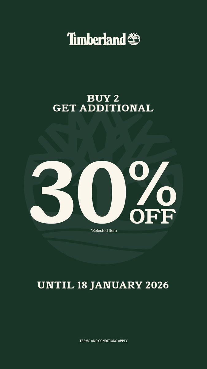 PlazaSenayan's tweet image. Diskon Spesial Long Weekend dari Timberland!🥾

Saatnya upgrade gaya outdoor kamu dengan promo spesial: Buy 2 Get Additional 30% OFF! (Berlaku untuk selected items)

Berlaku sampai tanggal 18 Januari 2026 di Timberland Plaza Senayan, Level 2.

#PlazaSenayan #Timberland