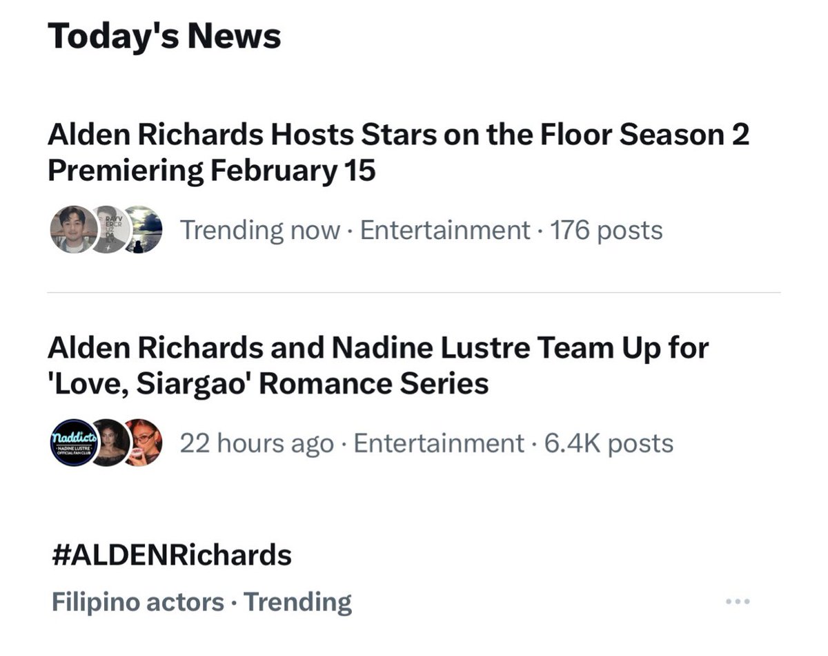 Kaya pala trending ulit, dalawang ganap mo na ang nasa today’s news 🥰 #StarsOnTheFloor season 2 sa February 15 na!!!

Abangan din sa Viu ang upcoming series nina Alden at Nadine na  #LoveSiargao  

#ALDENRichards 
<a href="/aldenrichards02/">Alden Richards</a>