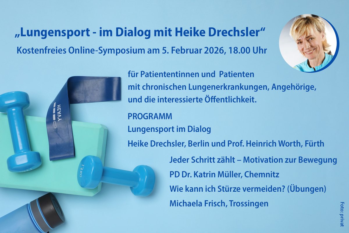 Körperliche Aktivität bei #Lungenerkrankungen - aber woher die Motivation nehmen?
Heike Drechsler unterstützt als Schirmherrin die Ziele der AG #Lungensport und verrät am 5. Februar 2026, 18.00 Uhr, wie man sich zu körperlicher Aktivität motivieren kann. t1p.de/LuSpo2026