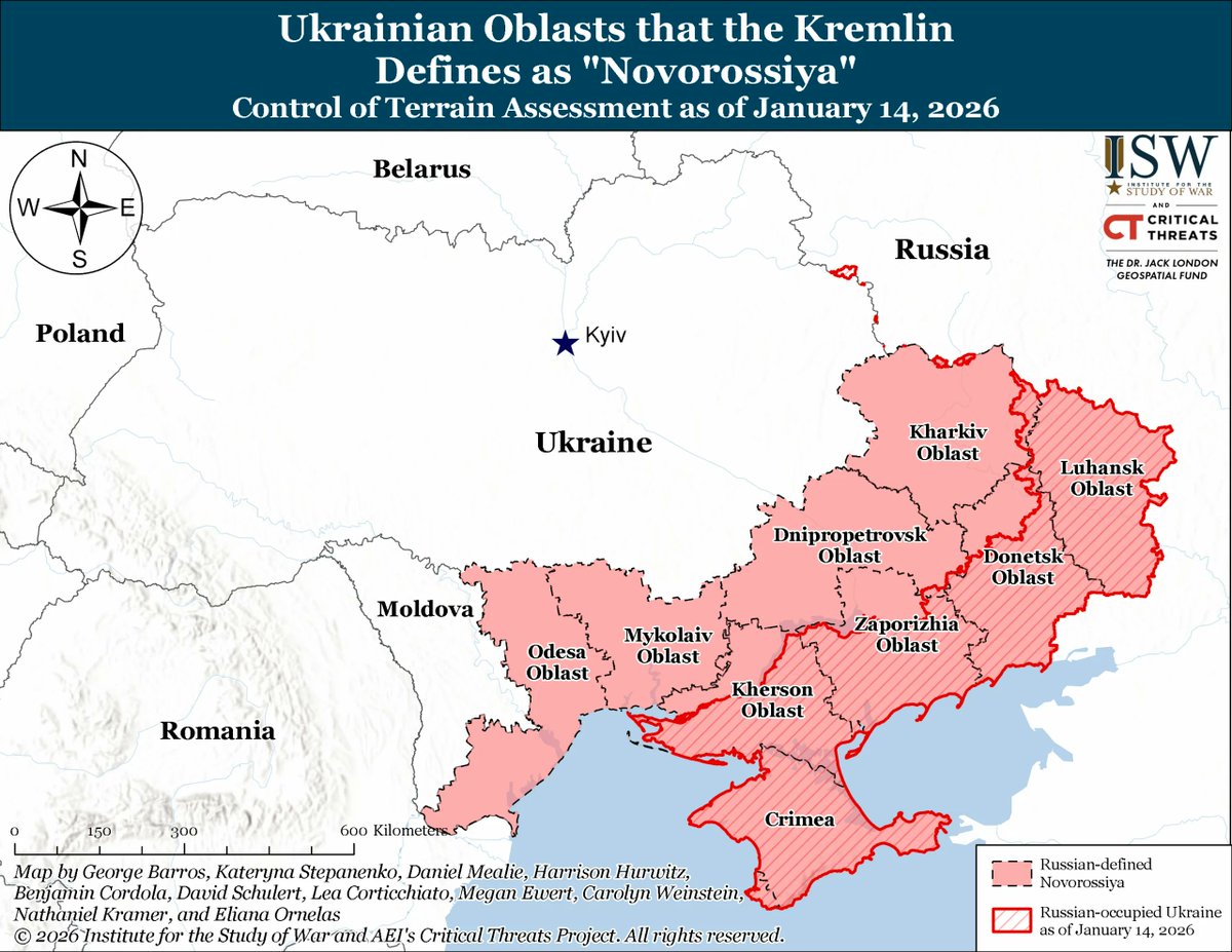 Министр иностранных дел России Сергей Лавров указал, что цели России в Украине выходят за рамки территории, которая в настоящее время обсуждается в последних мирных планах, и включают в себя всю Харьковскую, Днепропетровскую, Николаевскую и Одесскую области. 14 января Лавров