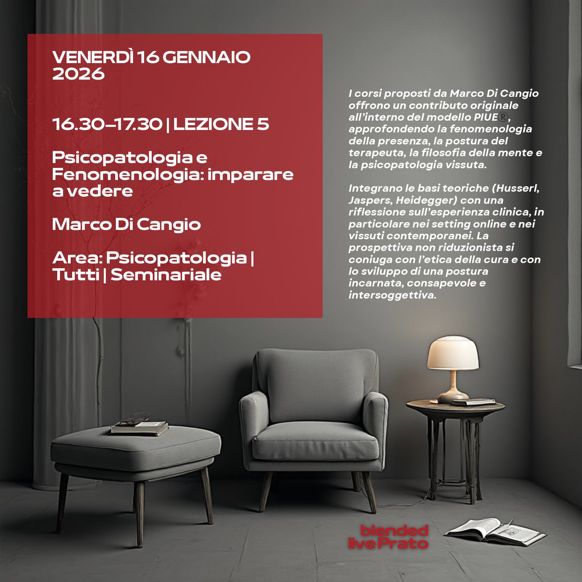 #ScuolaPsicoterapiaErichFromm oggi ore 16:30-17:30 Psicopatologia e Fenomenologia: imparare a vedere, (Psicopatologia), Marco Di Cangio