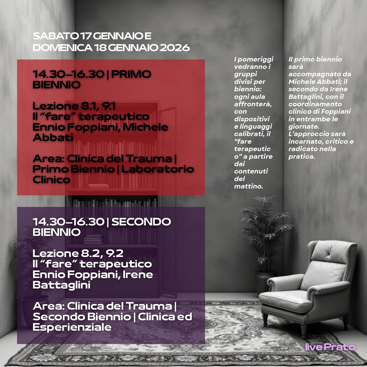 #ScuolaPsicoterapiaErichFromm oggi e domani ore 14:30-16:30 Il “fare” terapeutico, (Clinica del Trauma – Laboratorio Clinico), Ennio Foppiani, Michele Abbati, primo biennio, / Ennio Foppiani, Irene Battaglini, secondo biennio, 17-18 gennaio 2026