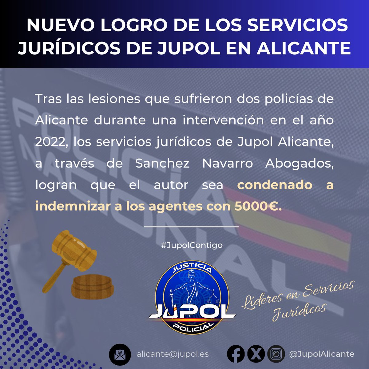 👩‍⚖️🆕️ Nuevo logro de los servicios jurídicos de Jupol en #Alicante

Condenado a pagar 5000€ a dos #Policias por las lesiones que les causó durante una intervención en el año 2022.

JUPOL, líderes en la defensa Legal de los Policías 💪🏻

#JUPOLContigo
#EquiparacionYa y mucho más