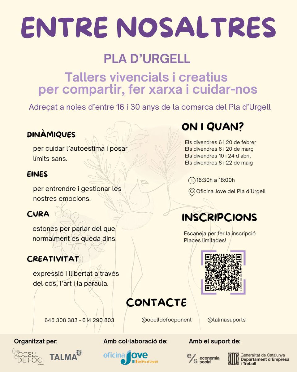 🌿 ENTRE NOSALTRES – Espai per a noies joves 🌿

Tornem a reprendre el grup!

📅 Quan:

Els divendres 6 i 20 de febrer
Els divendres 6 i 20 de març
Els divendres 10 i 24 d’abril
Els divendres 8 i 22 de maig

🕥 Hora: de 16:30h a 18:00h

📍 Lloc: Oficina Jove del Pla d’Urgell