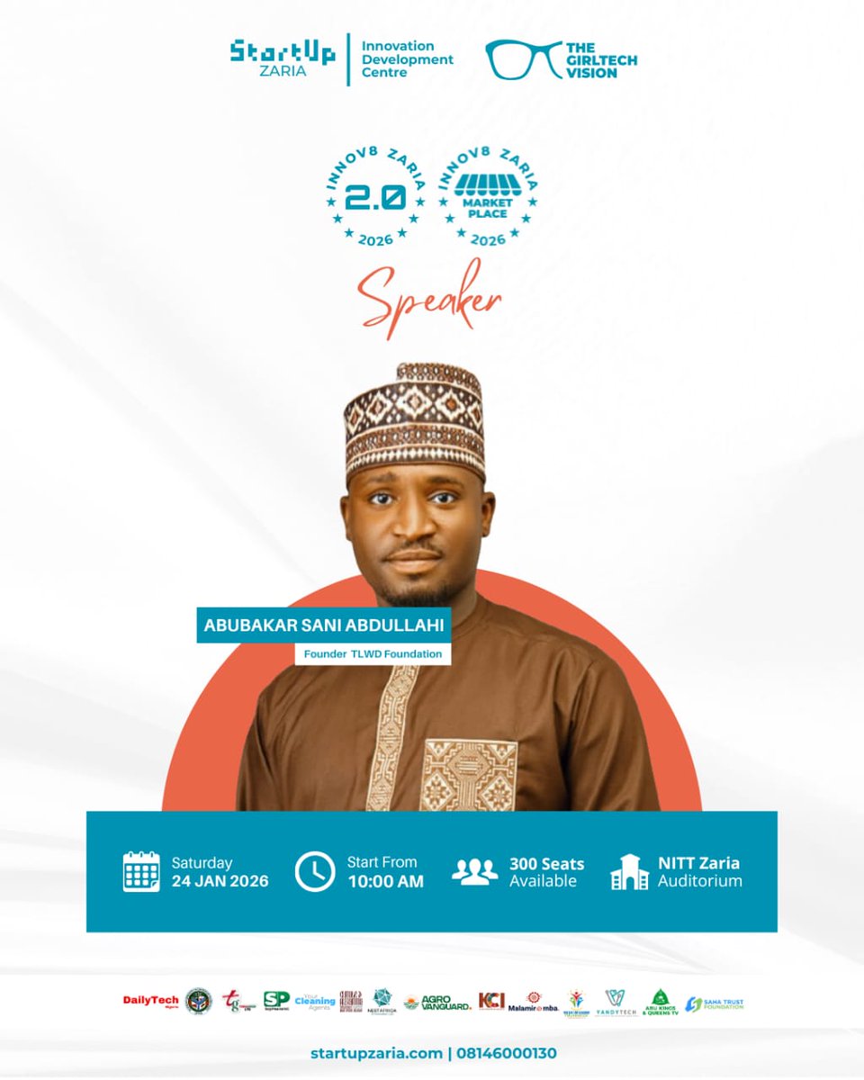 We are excited to share that our Founder and Executive Director, <a href="/abk___s/">Abubakar Sani Abdullahi</a> will be speaking at Innov8 Zaria 2.0! 

📍 Zaria
🗓️ January 24, 2026

We look forward to engaging, learning, and connecting with brilliant minds at this exciting event. See you there!