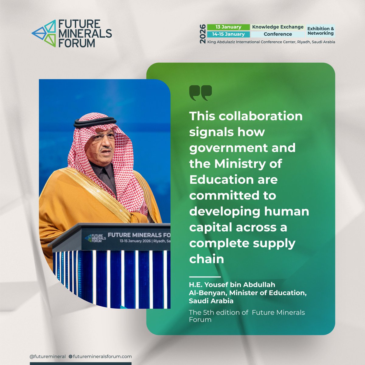 H.E. Yousef bin Abdullah Al-Benyan, Minister of Education <a href="/moe_gov_sa/">وزارة التعليم</a>, signs a strategic cooperation agreement to establish a specialized College of Earth Sciences, advancing talent development and strengthening the mining ecosystem at #FMF26