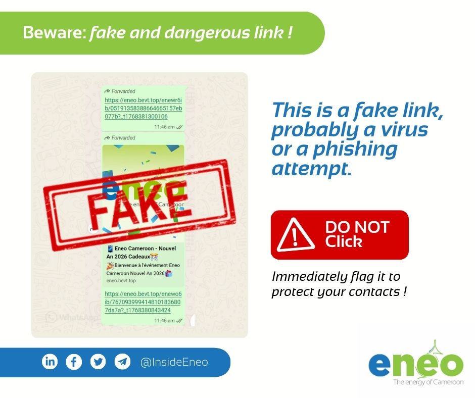 #CustomerInfo | Beware of fake dangerous links supposedly from Eneo !  ⚠️ 

This is a fake link, likely a virus or phishing attempt. You've probably received it via WhatsApp, Telegram, or other messaging apps. 

DO NOT CLICK and immediately flag it to protect your contacts!