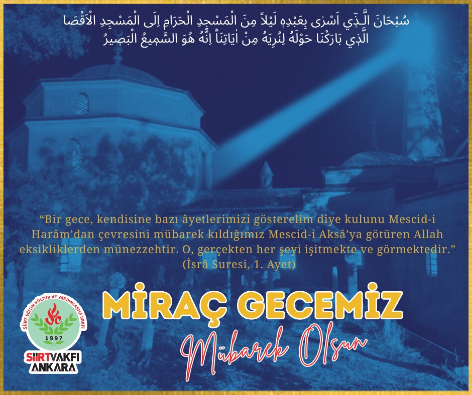 Peygamberimiz Hz. Muhammed’in (S.A.V.) bütün beşerî hislerden tertemiz bir kulluğa, en yüce mertebeye yükselişinin gerçekleştiği gün olan bu mübarek gece, insanın kendi iç âlemine yolculuğu, affa, merhamete yürüyüşüdür.
Bu mübarek gecenin bizlere; inanç, sabır, merhamet ve