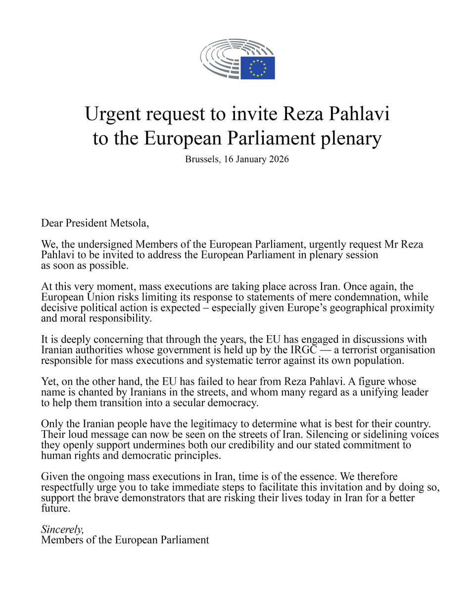 SebastianTyne's tweet image. I am collecting signatures from my colleagues for a letter to @EP_President Roberta Metsola, inviting Mr. @PahlaviReza to address the European Parliament.

For years, the EU has engaged in dialogue with Iranian authorities who are responsible for the mass executions of protesters…