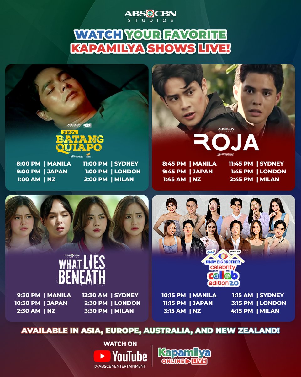 ABSCBN's tweet image. Puno ng plot twist ang #PrimetimeBida! 🤯

Watch #FPJsBatangQuiapo, #ROJA, #WhatLiesBeneath, and #PBBCollab20 LIVE!
 
#KapamilyaOnlineLive #BatangQuiapo