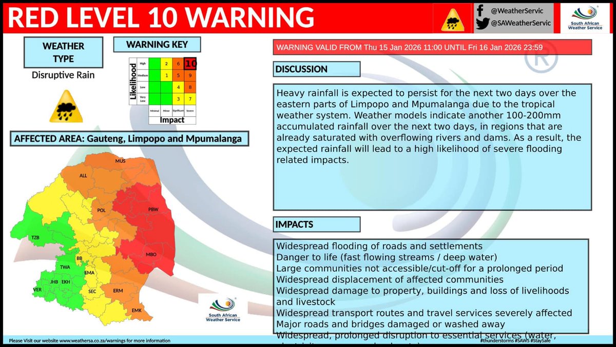 TrafficSA's tweet image. Limpopo / Mpumalanga - RED ALERT !!  #RedLevel10 
Another 100 - 200 mm rainfall due over next two days in areas that are already underwater  @SAWeatherServic  @TrafficSA