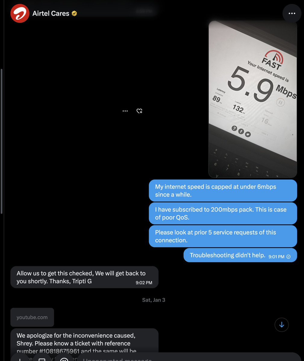 ImtheShrey's tweet photo. @Airtel_Presence  @airtelindia I've been facing bad QoS since more than 7 months now.
Sadly I'm locked in annual plan of 200mbps &amp; ur service fails to miserably, bottlenecking w/ < 5mbps speeds.
I already have 6+ service requests over last few months for same exact issue. https://t.co/9cG7qR2WUC