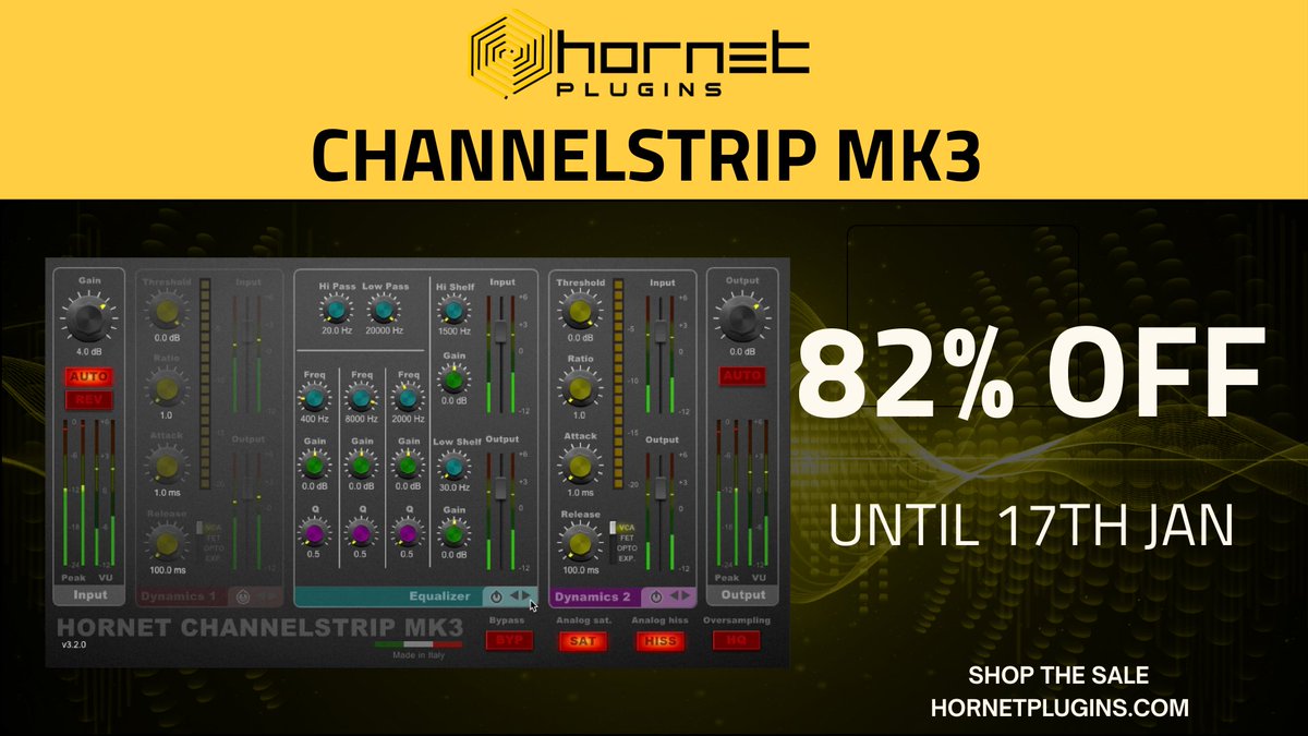 Hornetplugins's tweet image. Just use the code CS38226 to get one of the most versatile plugin in our catalogue for just few euros. An EQ an 2 dynamics modules with VCA, FET and OPTO modes.
hornetplugins.com/plugins/hornet…