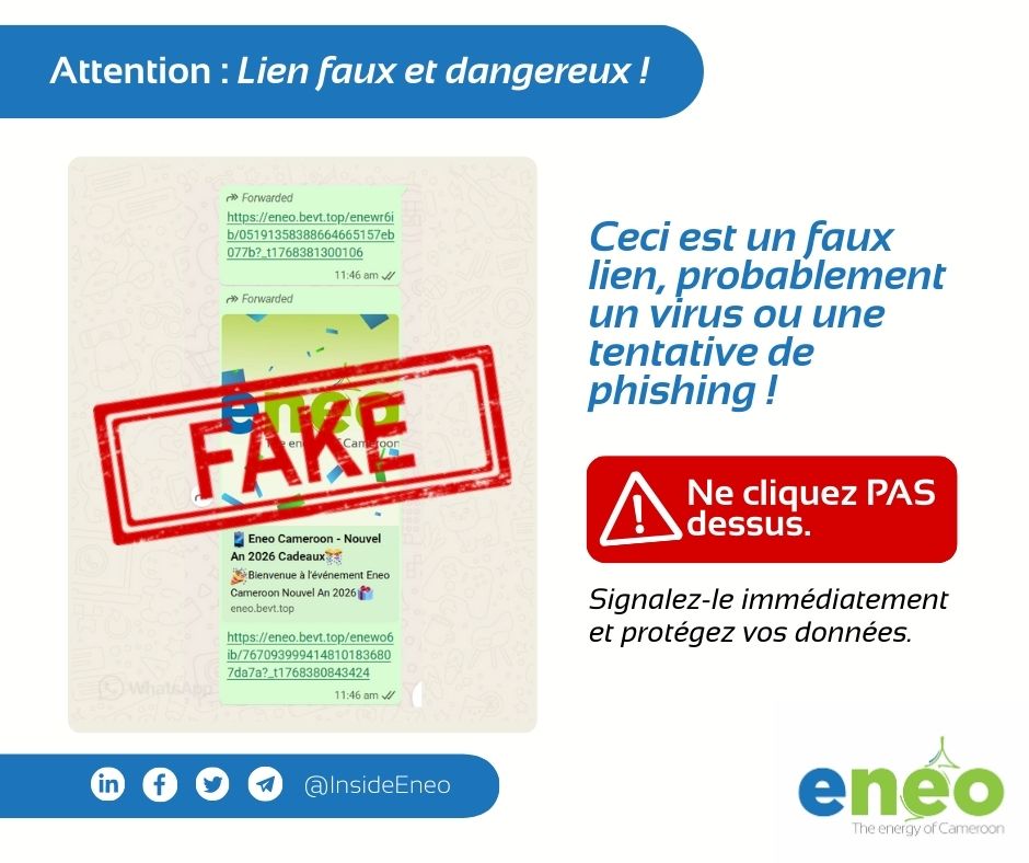 #InfoClient | Attention aux faux liens dangereux prétendument provenant d'Eneo !  ⚠️ 

Ceci est un faux lien, probablement un virus ou une tentative de phishing. Vous l'avez sûrement reçu via WhatsApp, Telegram ou d'autres messageries. 

NE CLIQUEZ PAS et signalez-le
