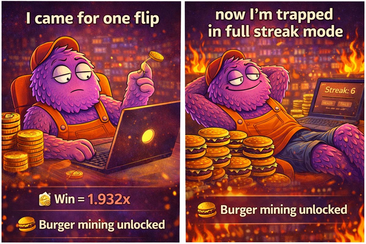 I came to $Grimmy for one flip.
Just one. Nothing serious.
Won once.
Got the 1.932x instantly.
Suddenly I’m burger mining and counting streaks.

That’s the trap.
One win turns play into habit.
Habit turns into ownership.
Grimmy isn’t a points game.
It’s a play to own onchain