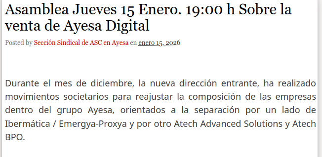 Asamblea Jueves 15 Enero. 19:00 h Sobre la venta de Ayesa Digital
asc-ayesaat.blogspot.com/2026/01/asambl…

<a href="/AyesaNews/">Ayesa</a> #Ayesa #TIC #Ingenieria #Consultoría 

<a href="/ASC_Sevilla/">ASC Sevilla</a> <a href="/ASCsindicato/">Alternativa Sindical de Clase</a>