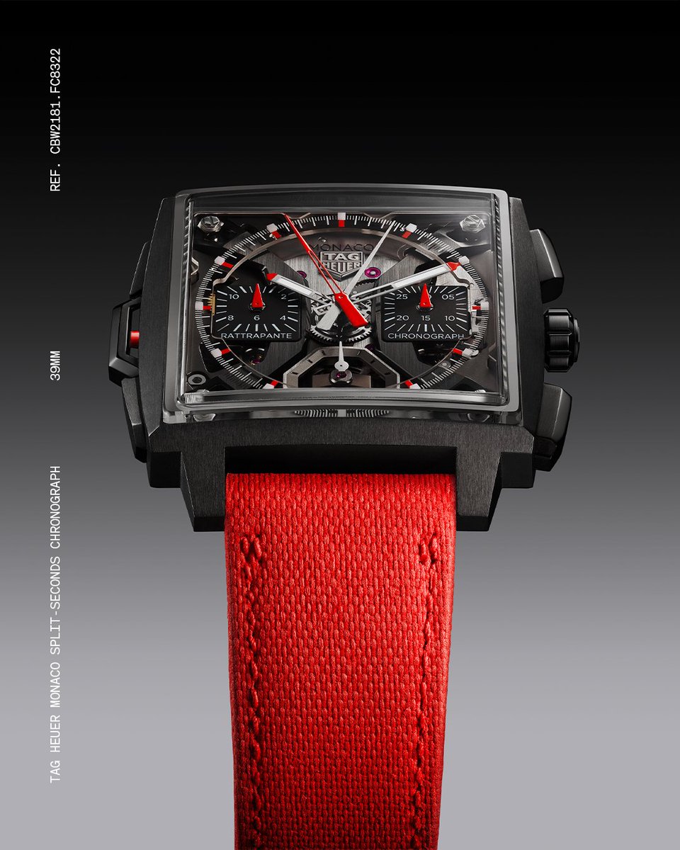 TAGHeuer's tweet photo. The TAG Heuer Monaco Split-Seconds Chronograph ushers the collection into a new era of haute horology. A complication at the pinnacle of performance, it measures two decisive moments simultaneously with dual hands, capturing time like never before.​

#TAGHeuer #TAGHeuerMonaco #DesignedToWin