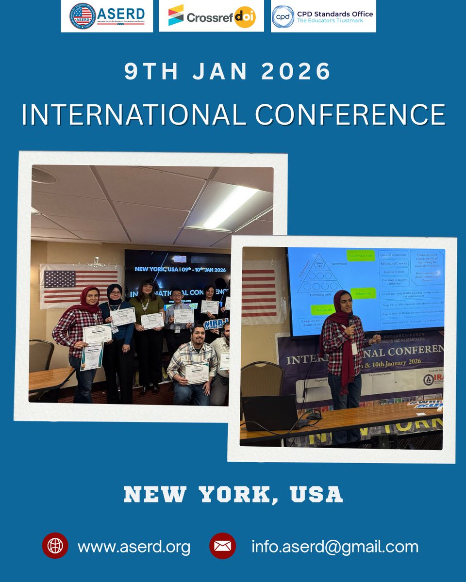 🎉 9th Jan 2026 New York, USA Conference – Successfully Organized 🇺🇸
Thank you to all participants and speakers for making the event a great success!
👉 aserd.org/all_conference…
✉️: info.aserd@gmail.com
#aserd #ConferenceSuccess #NewYorkConference