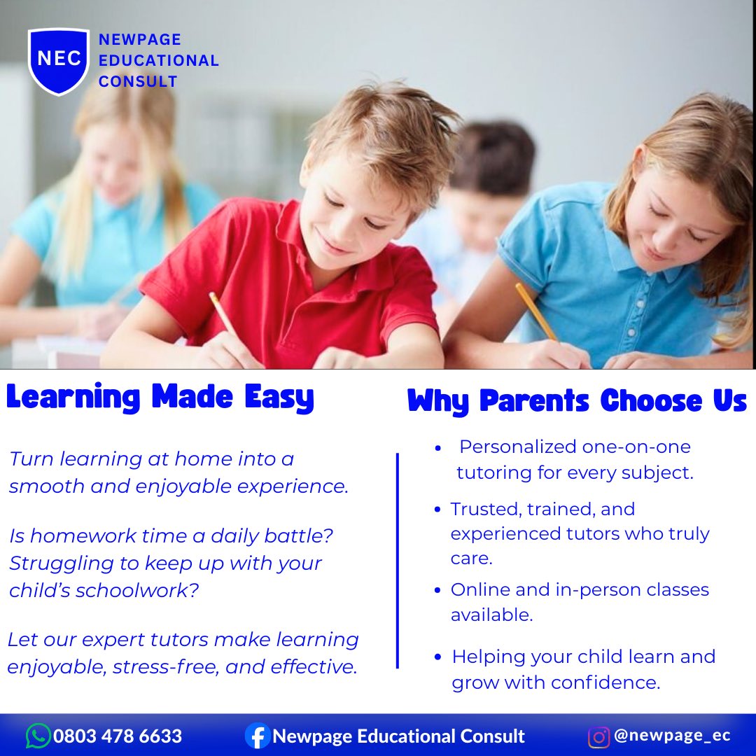 heed1's tweet image. At Newpage Educational Consult, we turn learning at home into a breeze. We know every child is unique, so we offer personalized one-on-one tutoring for every subject - whether it's Maths, Science, English, or more.